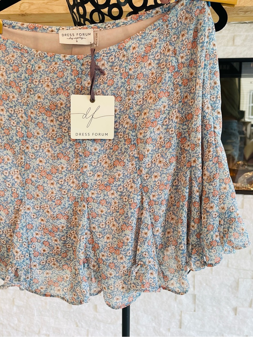 Dress Forum Blue Floral Ruffle Mini Skort with Peach Accents